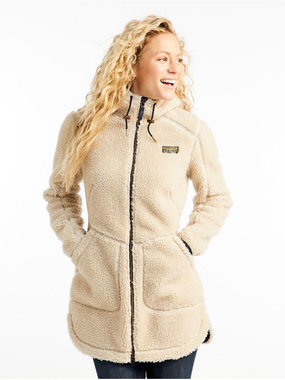 L.L. Bean Mountain Pile Sherpa Fleece Coat Small Natural Beige Hooded Mid-Length